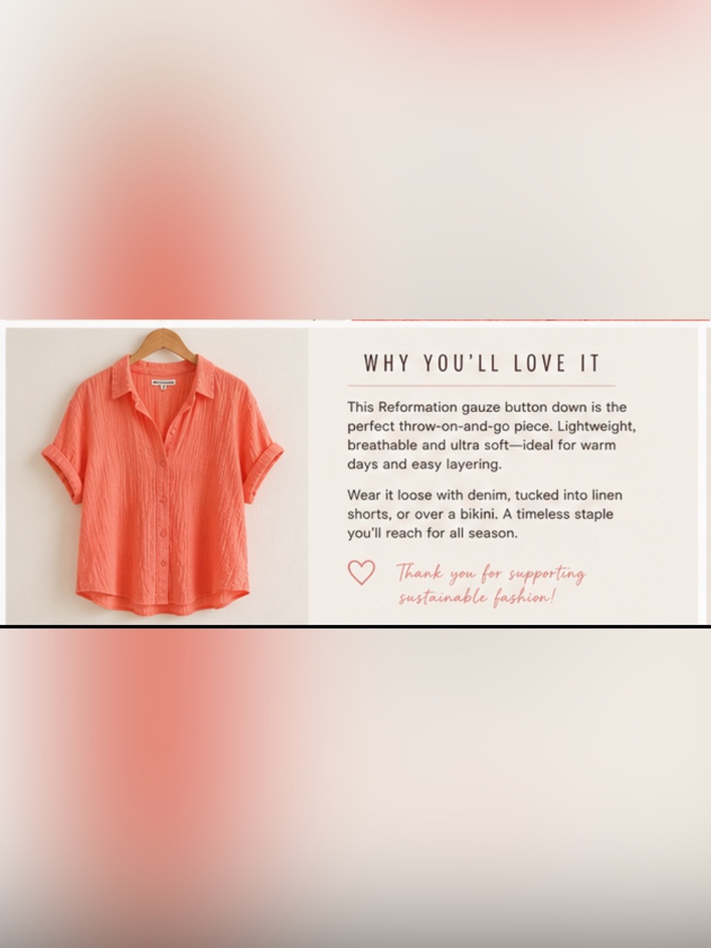 Reformation Coral Gauze Button Down Shirt Relaxed Fit Size 8 Summer Linen Style - Picture 5 of 10